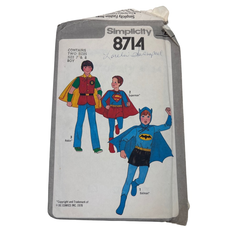Vintage 1978 Simplicity 8714 Boys DC Comics Superhero Costume Sewing Pattern